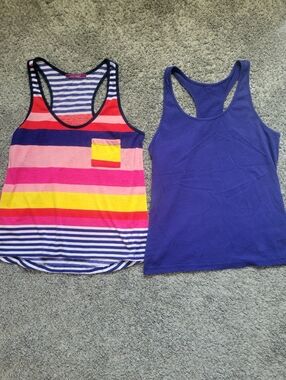 julie's closet Bright Striped Tank w Chest Pocket & Purple Tank Bundle Medium